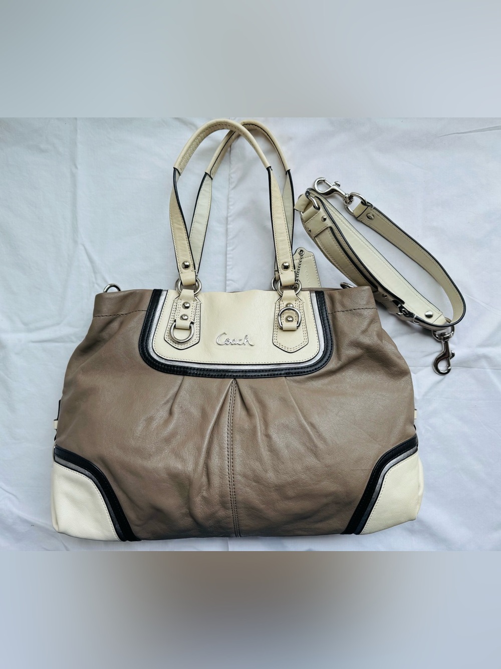 Coach Two-Tone Leather Shoulder Tote in Taupe and Cream